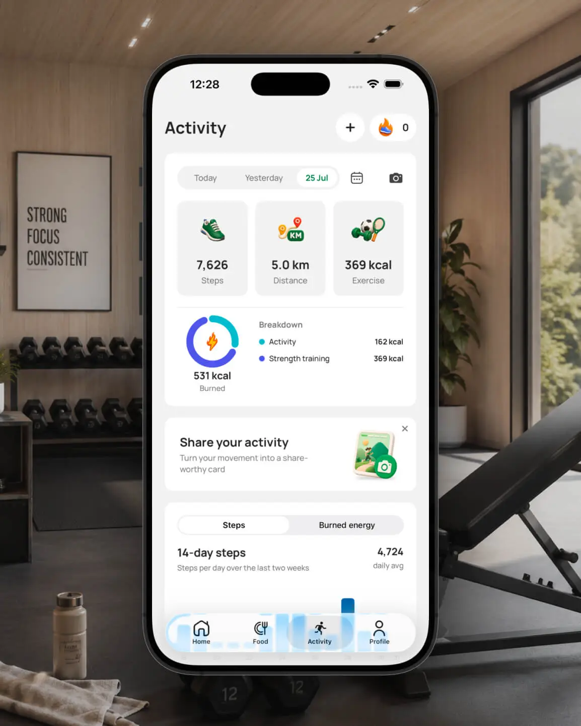 Feat activity tracker showing steps, distance and workout energy
