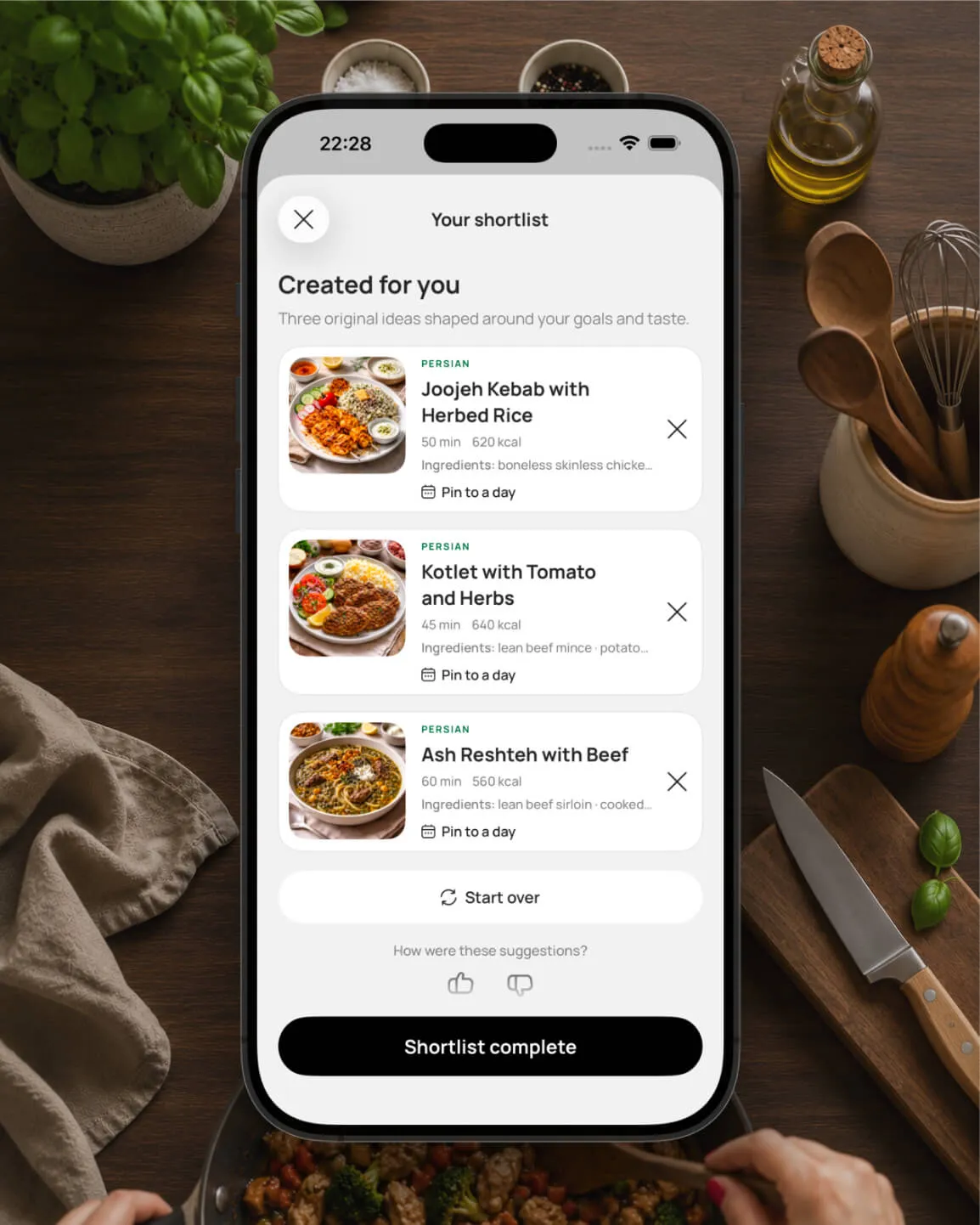 Feat AI food ideas suggesting meals shaped around your goal and taste