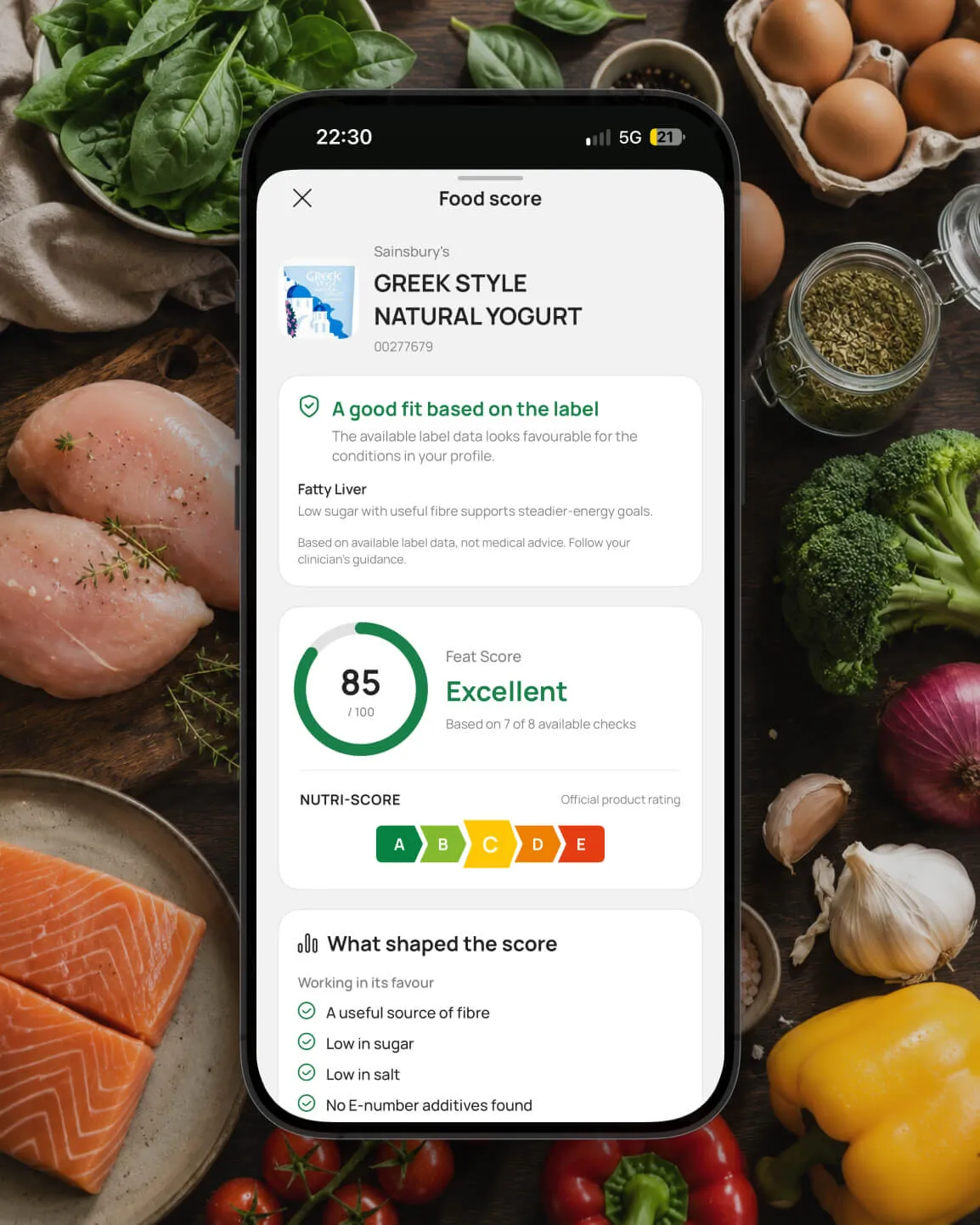 Feat food score scanner showing a Feat Score and Nutri-Score for a packaged food