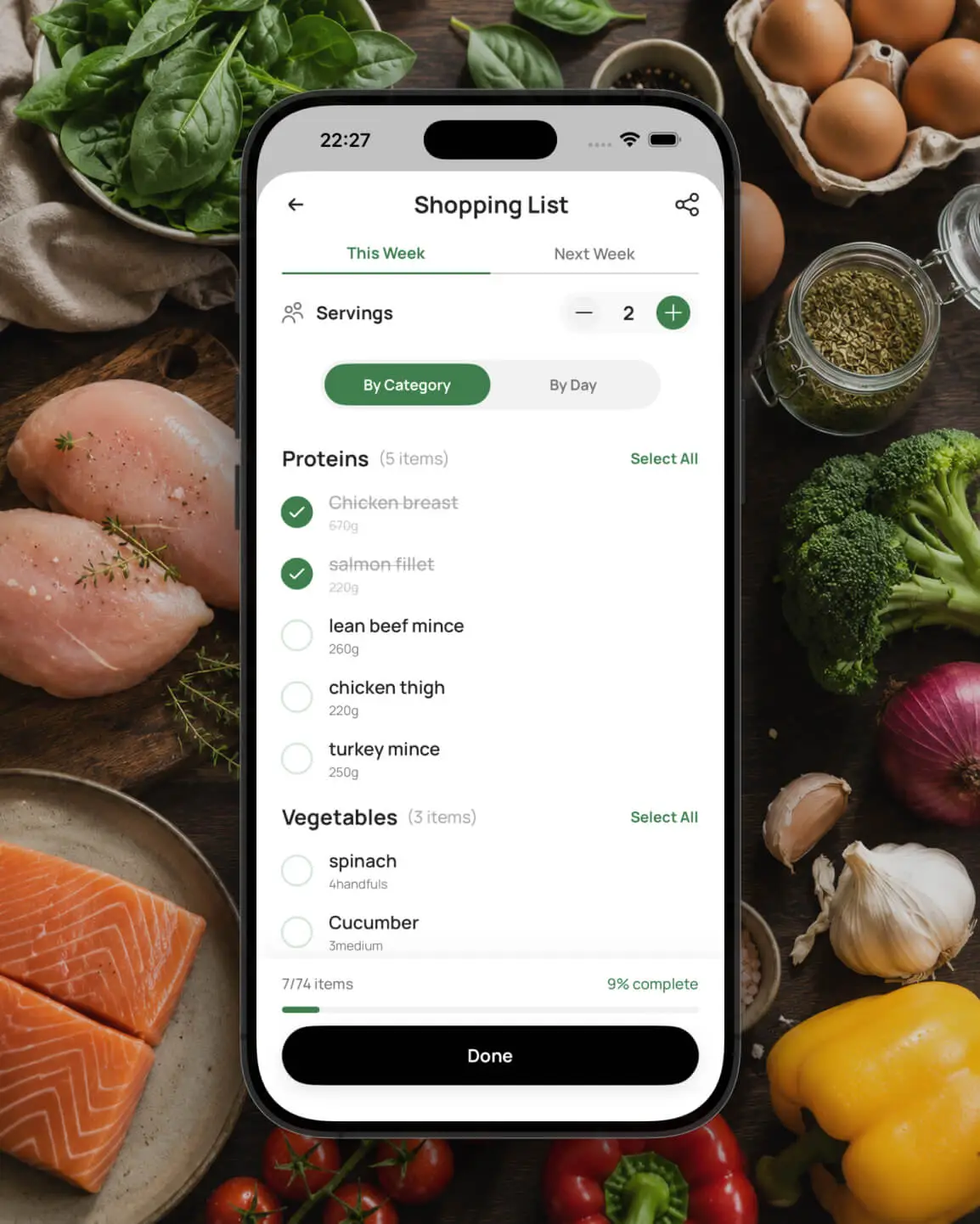 Feat grocery shopping list organised by ingredient category