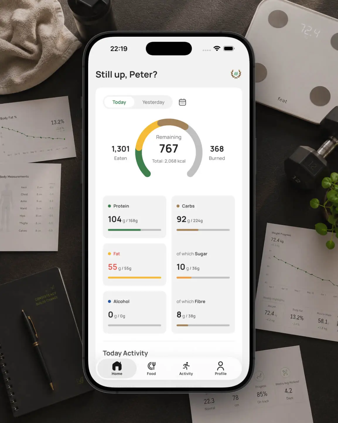 Feat calorie and macro tracker showing daily nutrition progress