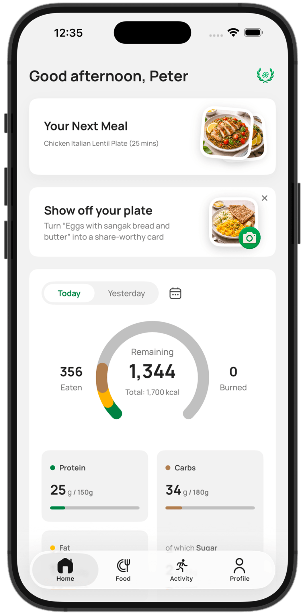 Feat nutrition dashboard with next meal and macro progress